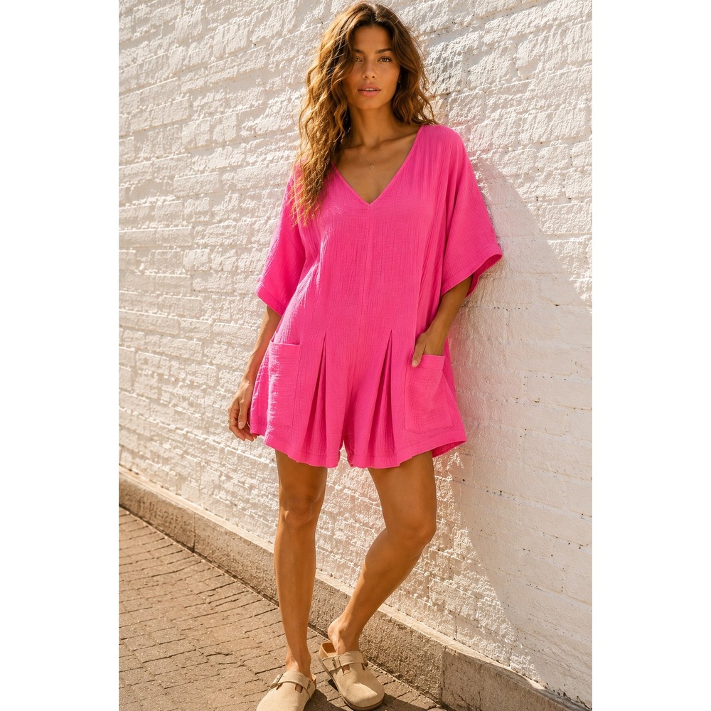 Unkiya Pink Cotton Gauze Romper Oversized V-Neck Boho Summer Large